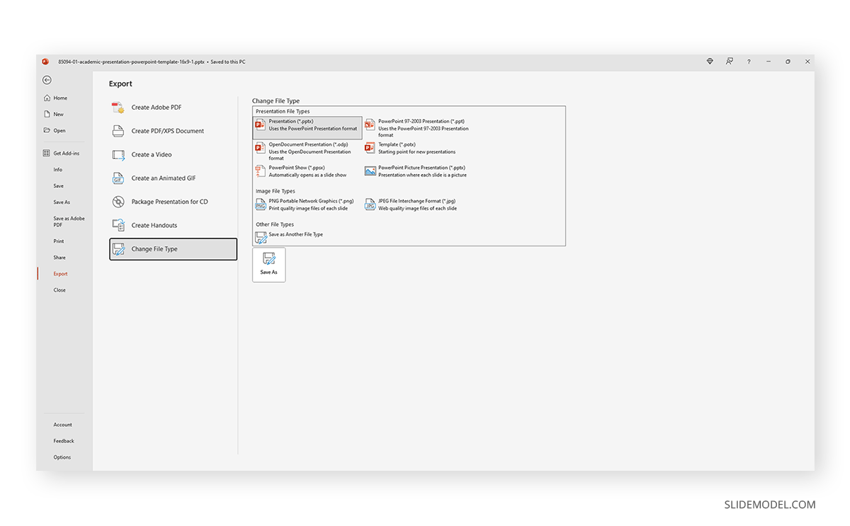 Accessing export options in PowerPoint