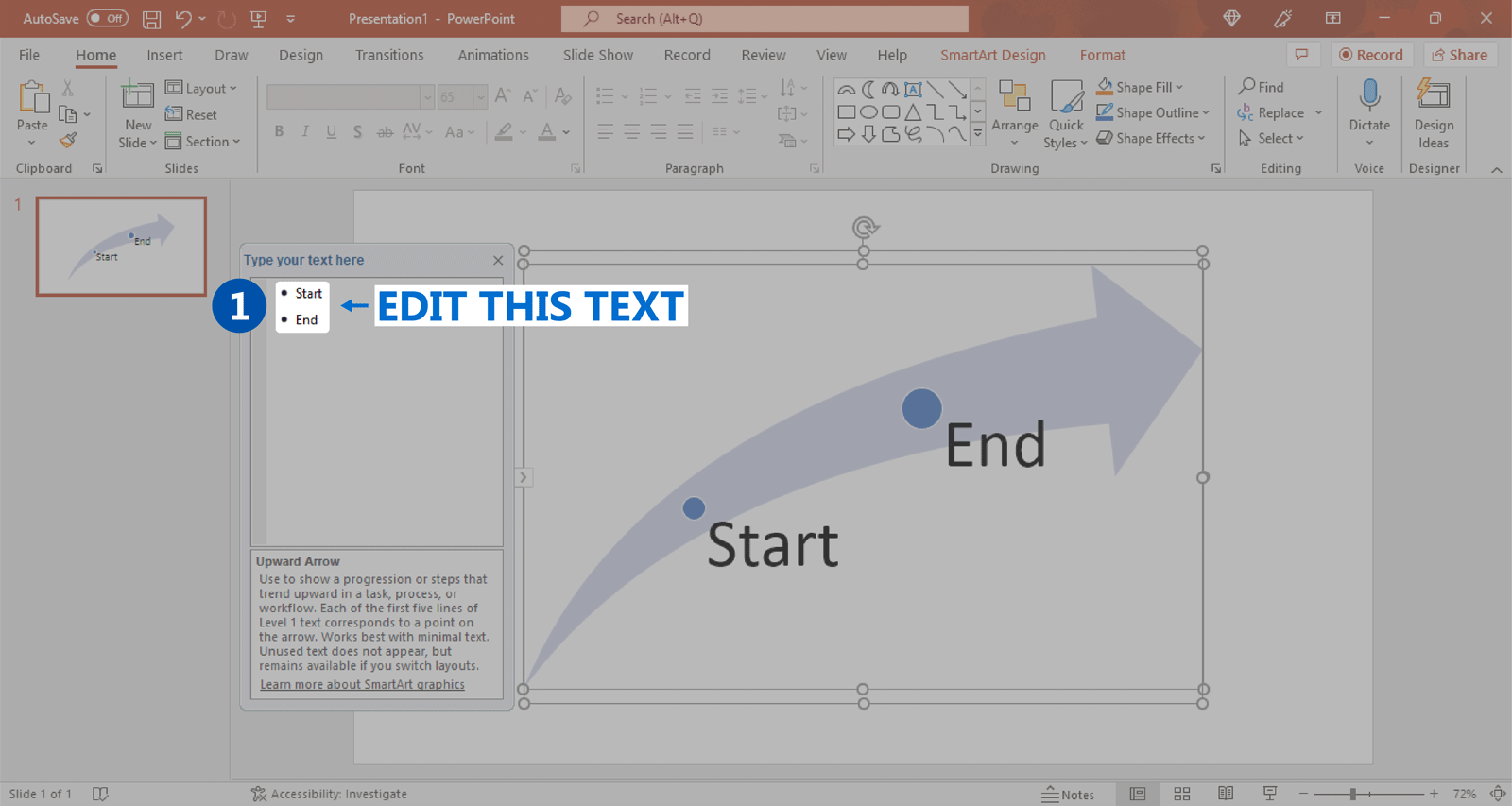 Example of curved arrow in PowerPoint created with a SmartArt graphic
