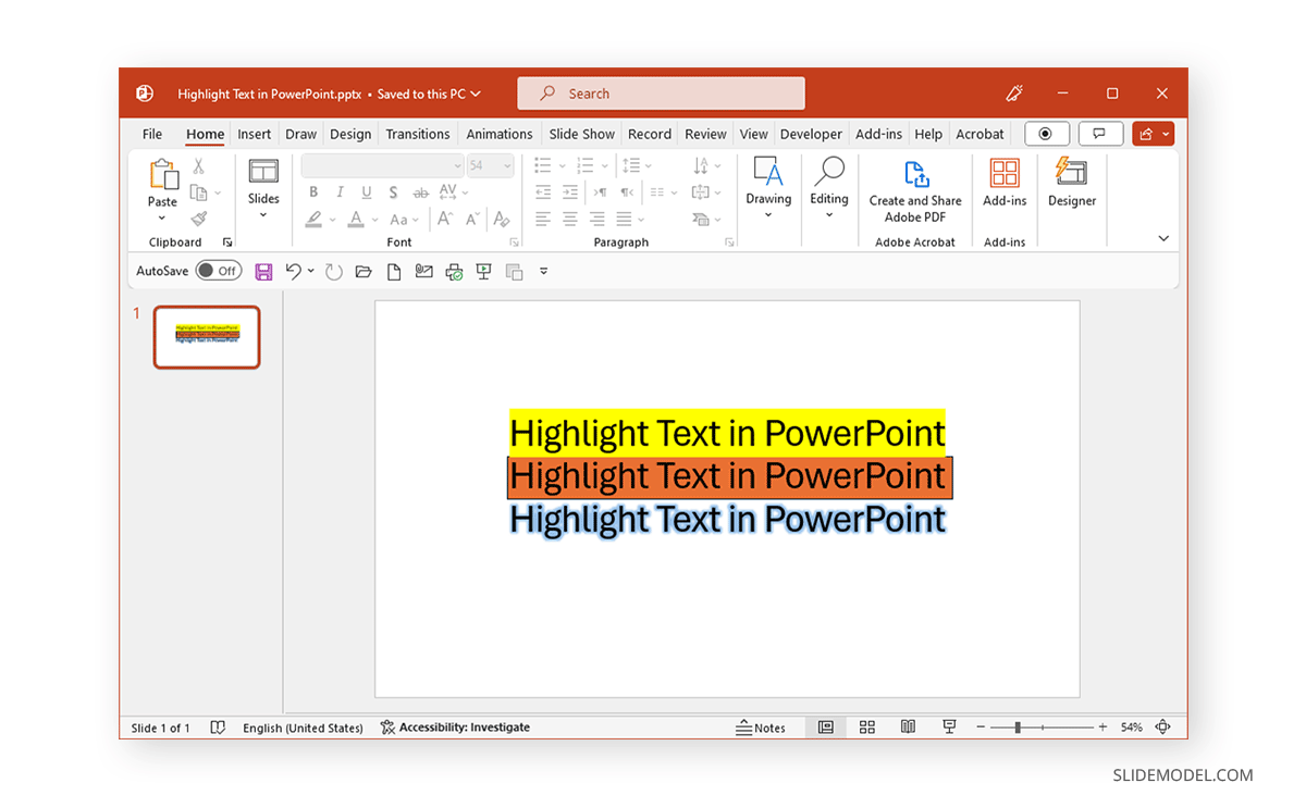 Three different text highlight methods in PowerPoint