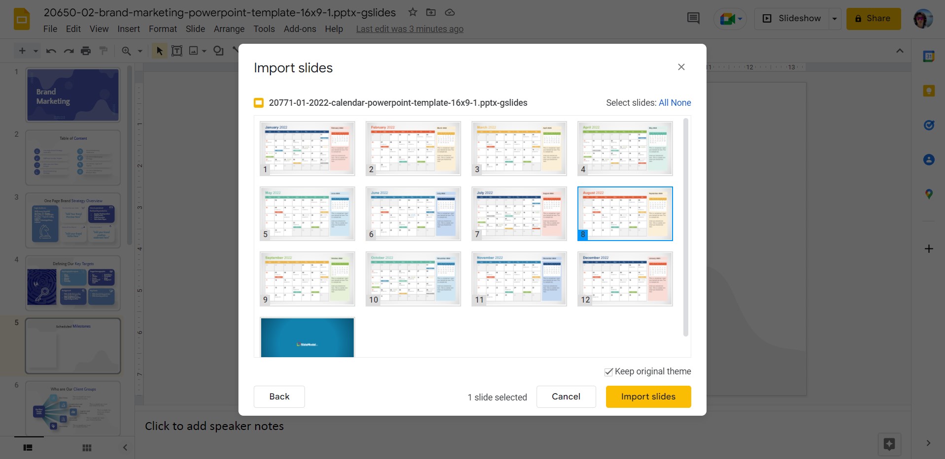 selecting the calendar slide to import in Google Slides