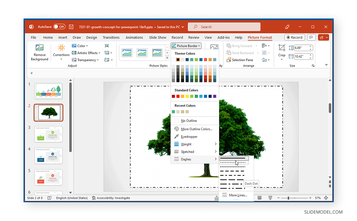 Selecting shape format style from Picture Border in PowerPoint - Adding a dashed border in PowerPoint slide