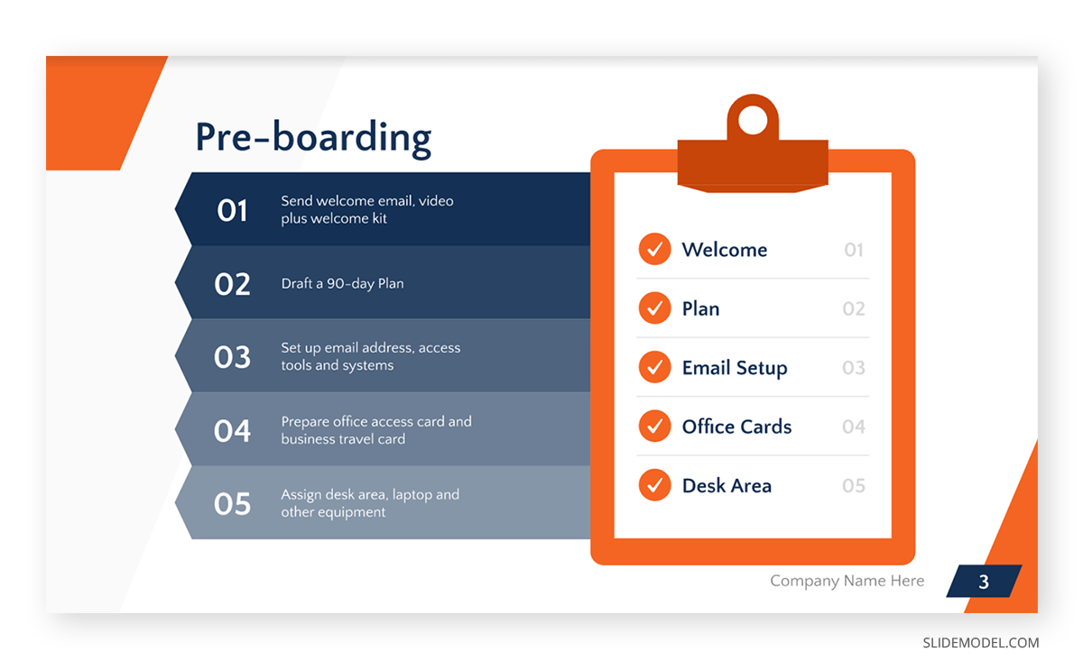 Pre-Boarding slide on a Employee Onboarding template for PowerPoint