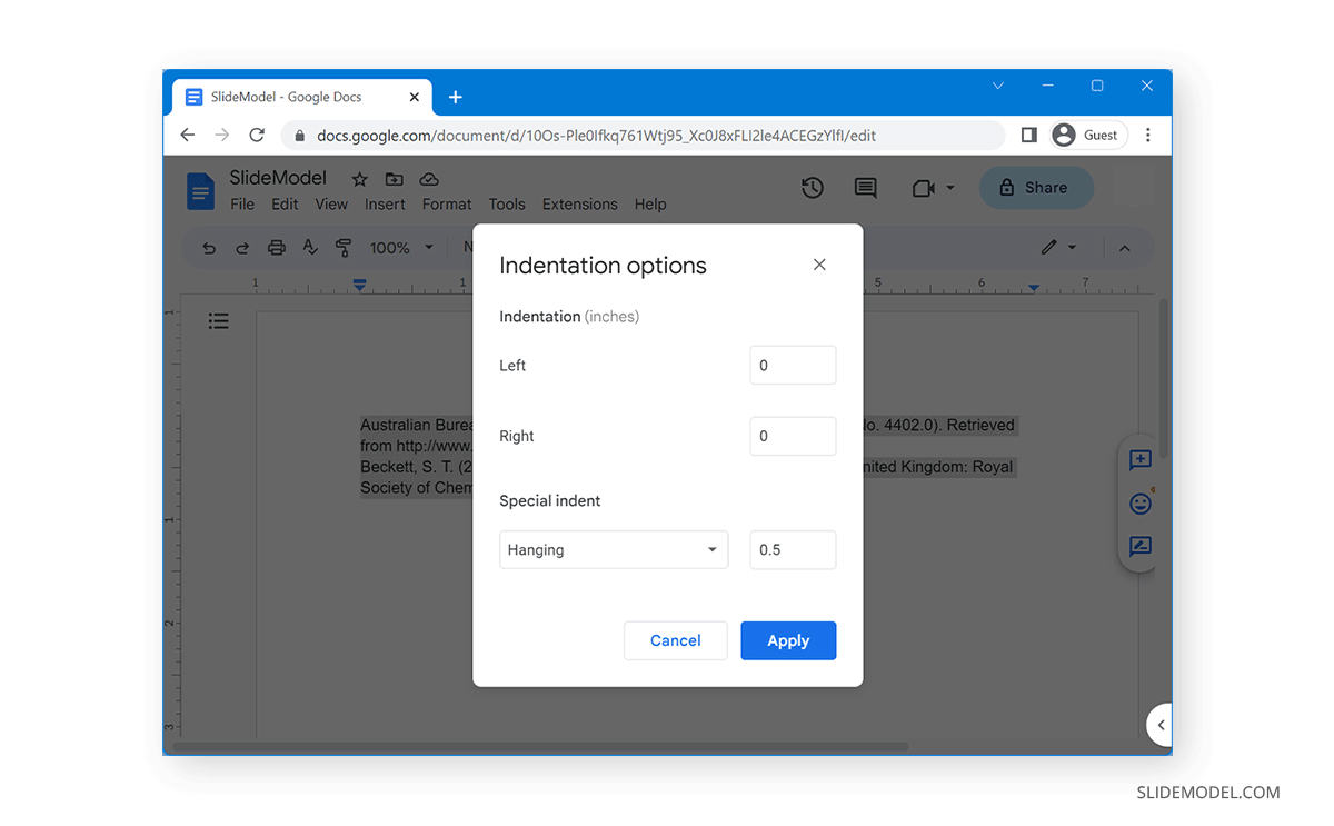 Selected indentation options Google Docs