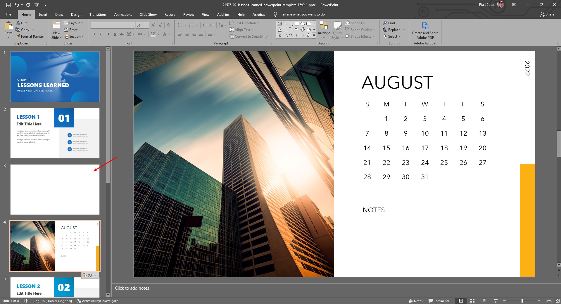 Inserted calendar in PowerPoint