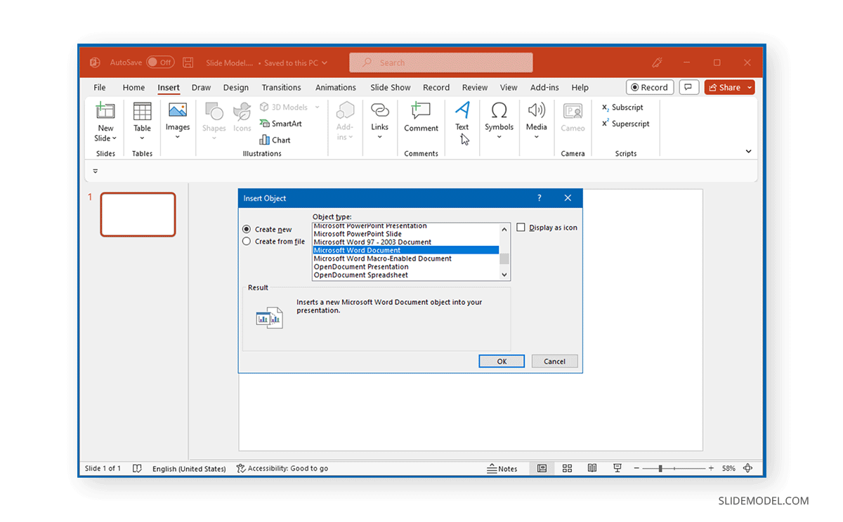 Inserting a Word document into PowerPoint