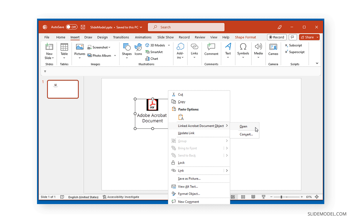 Open PDF from icon in PowerPoint using contextual menu