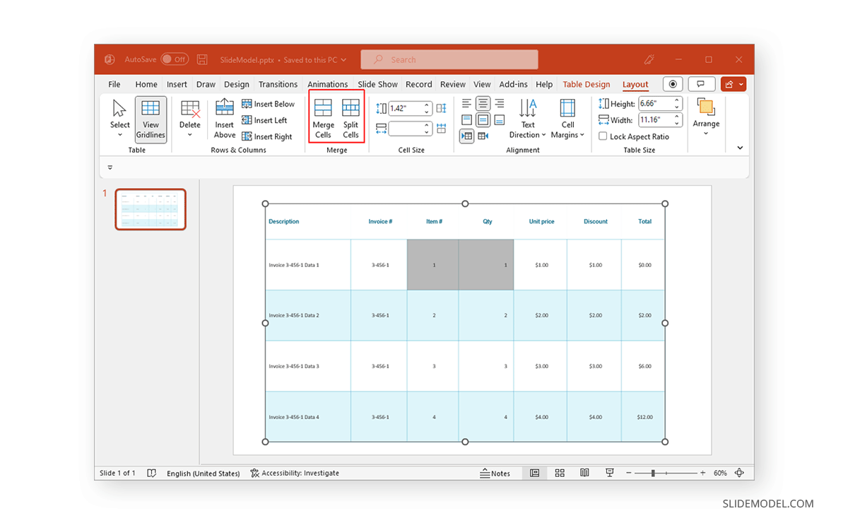 Split and merge cells in a PowerPoint table