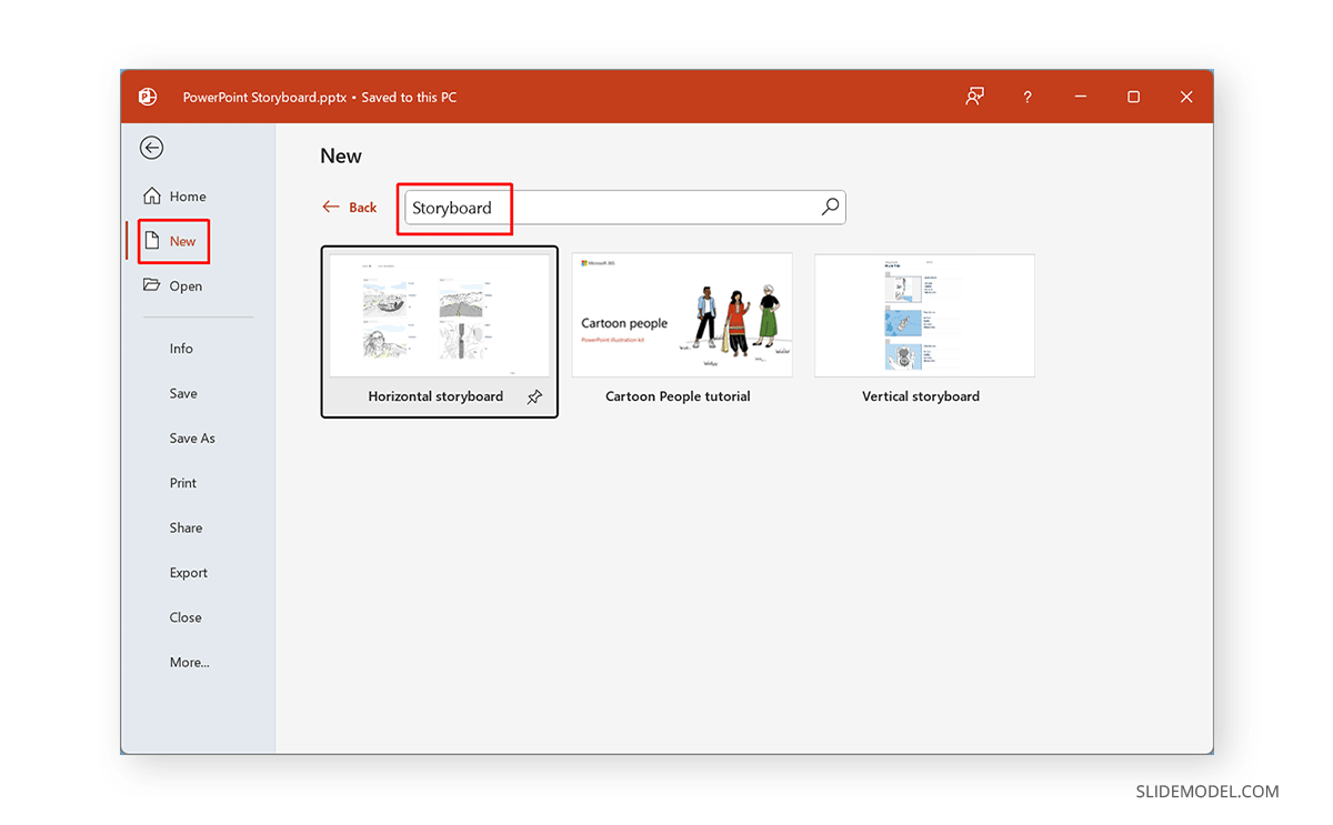 Storyboard template from Microsoft 365 library