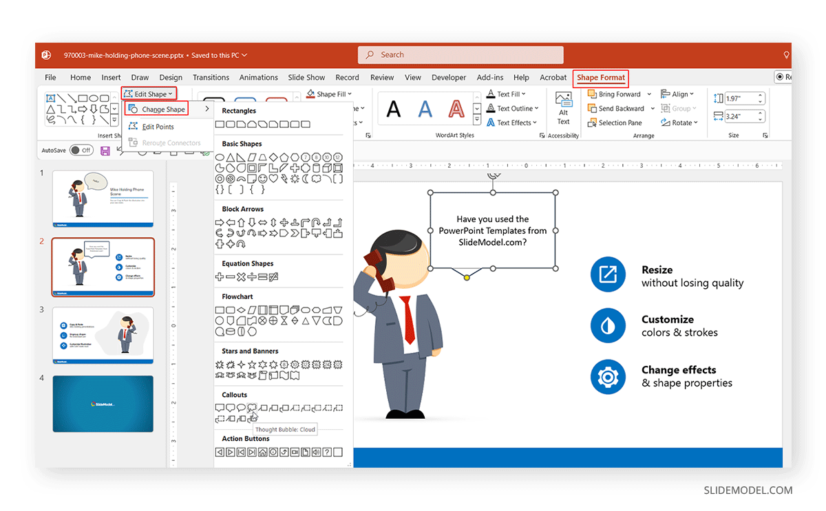 How to modify a speech bubble shape in PowerPoint