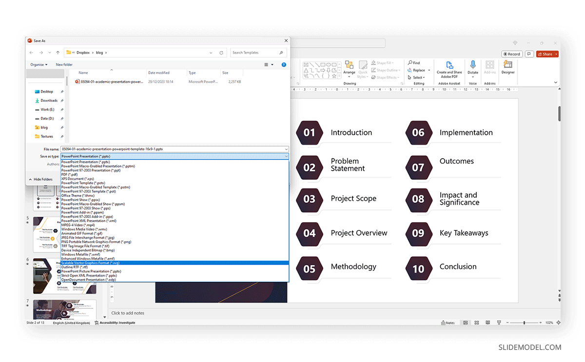 Selecting SVG format to export the slide
