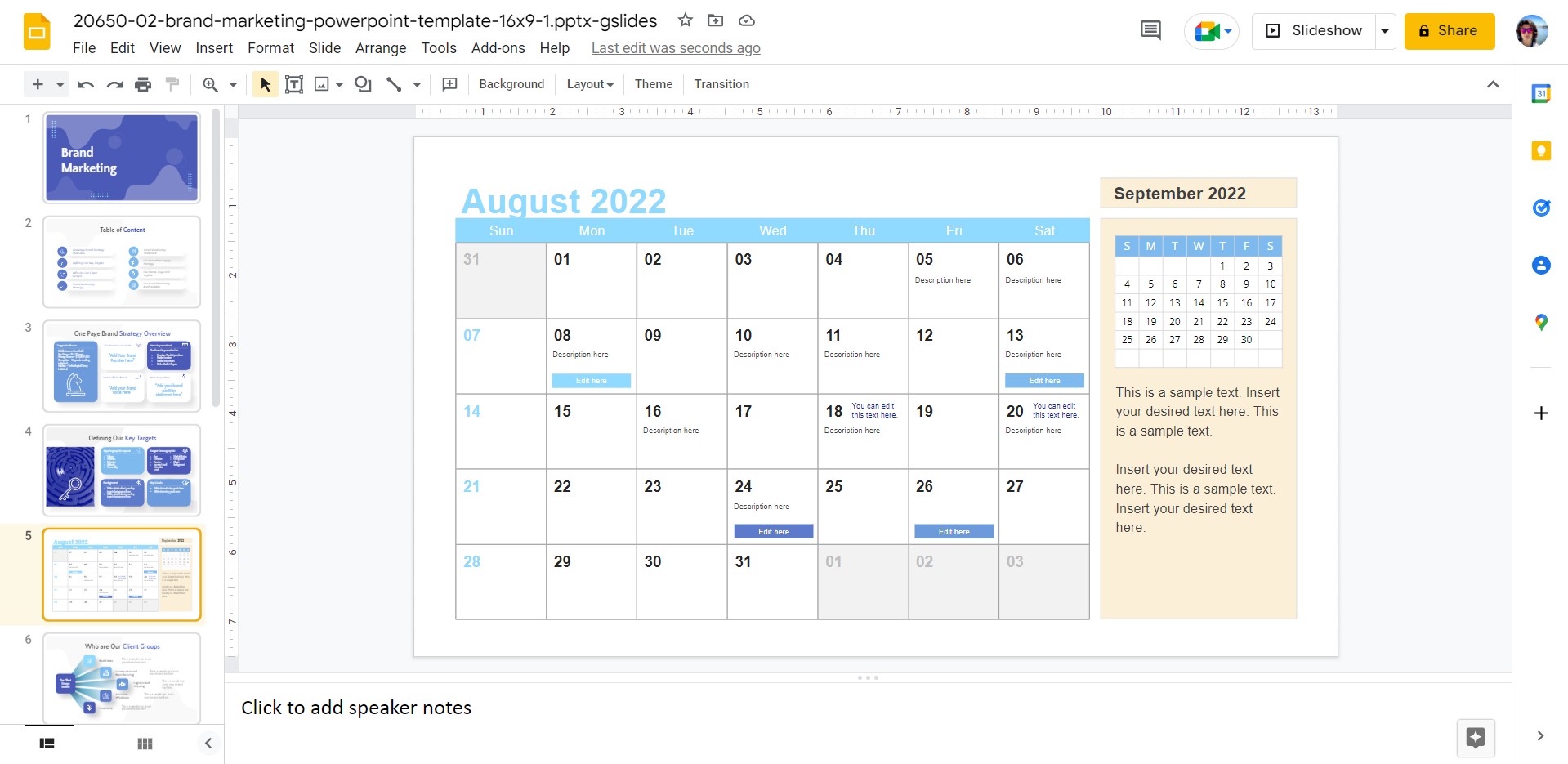 new calendar slide imported with presentation's theme