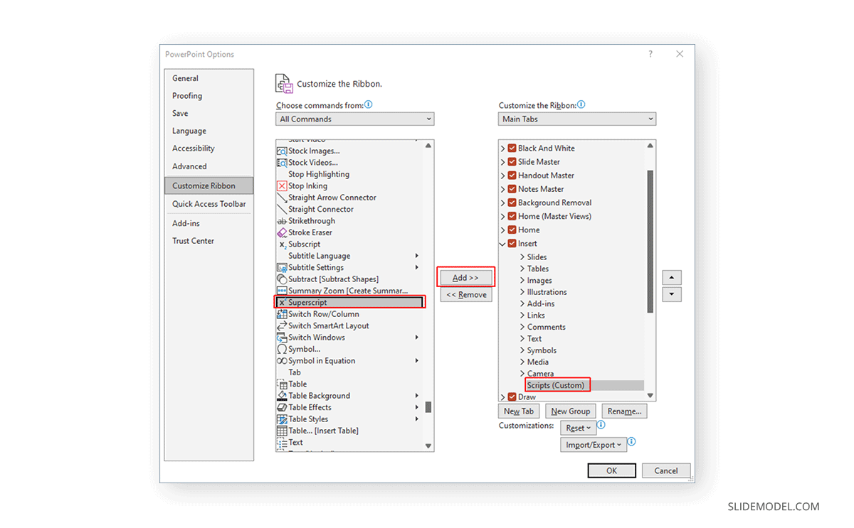 Adding superscript to the new PowerPoint ribbon group