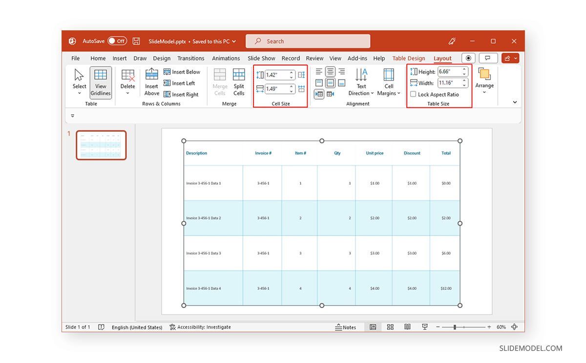 Adjust cell size in PowerPoint
