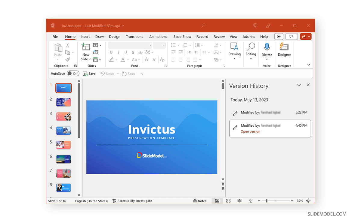Browsing Version History in PowerPoint -  PowerPoint Version History showing Modified by