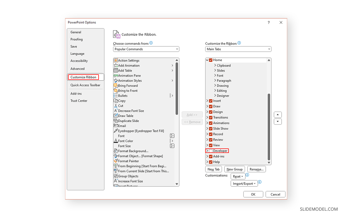 Enabling developer options in PowerPoint