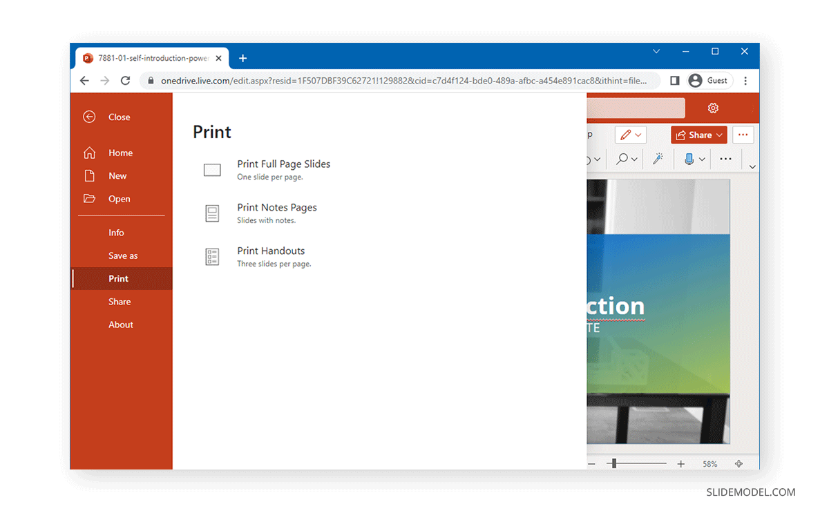 print a PowerPoint presentation as PDF using PowerPoint for web