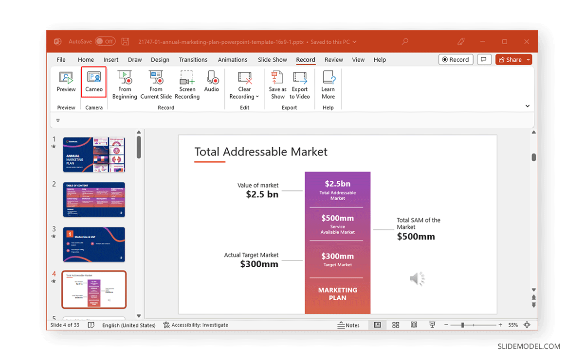 Accessing Cameo in PowerPoint - Adding Cameo to PowerPoint slides - Video record yourself presenting a PowerPoint