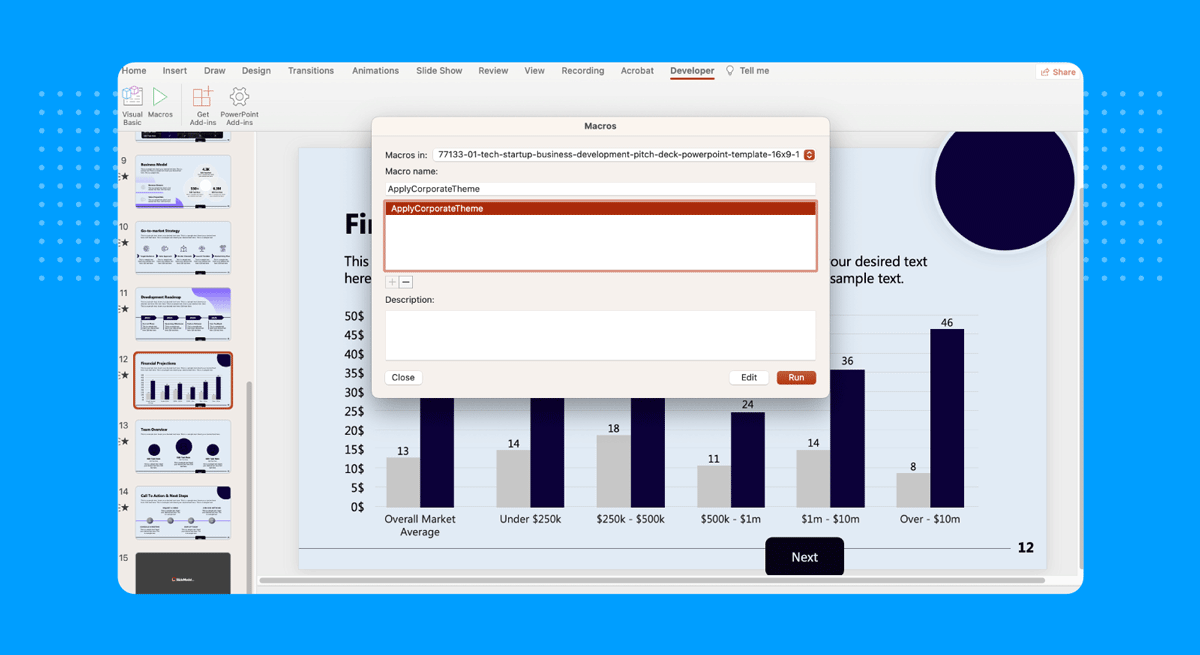 Contextual window for running macro in PowerPoint