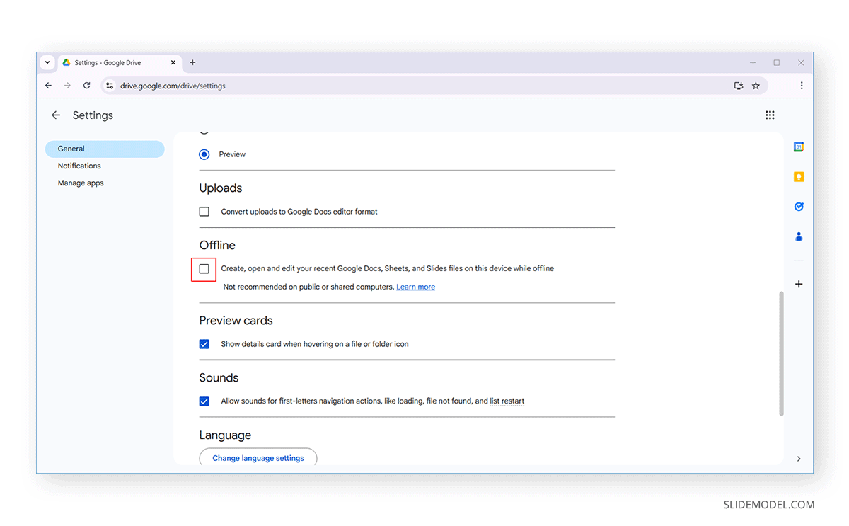 Enabling Offline mode in Google Drive settings