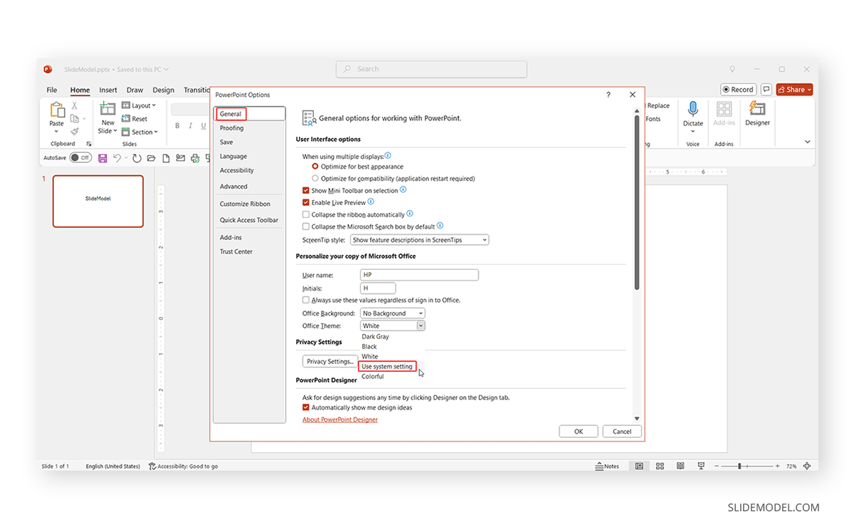 Activate use system setting for PowerPoint UI color scheme