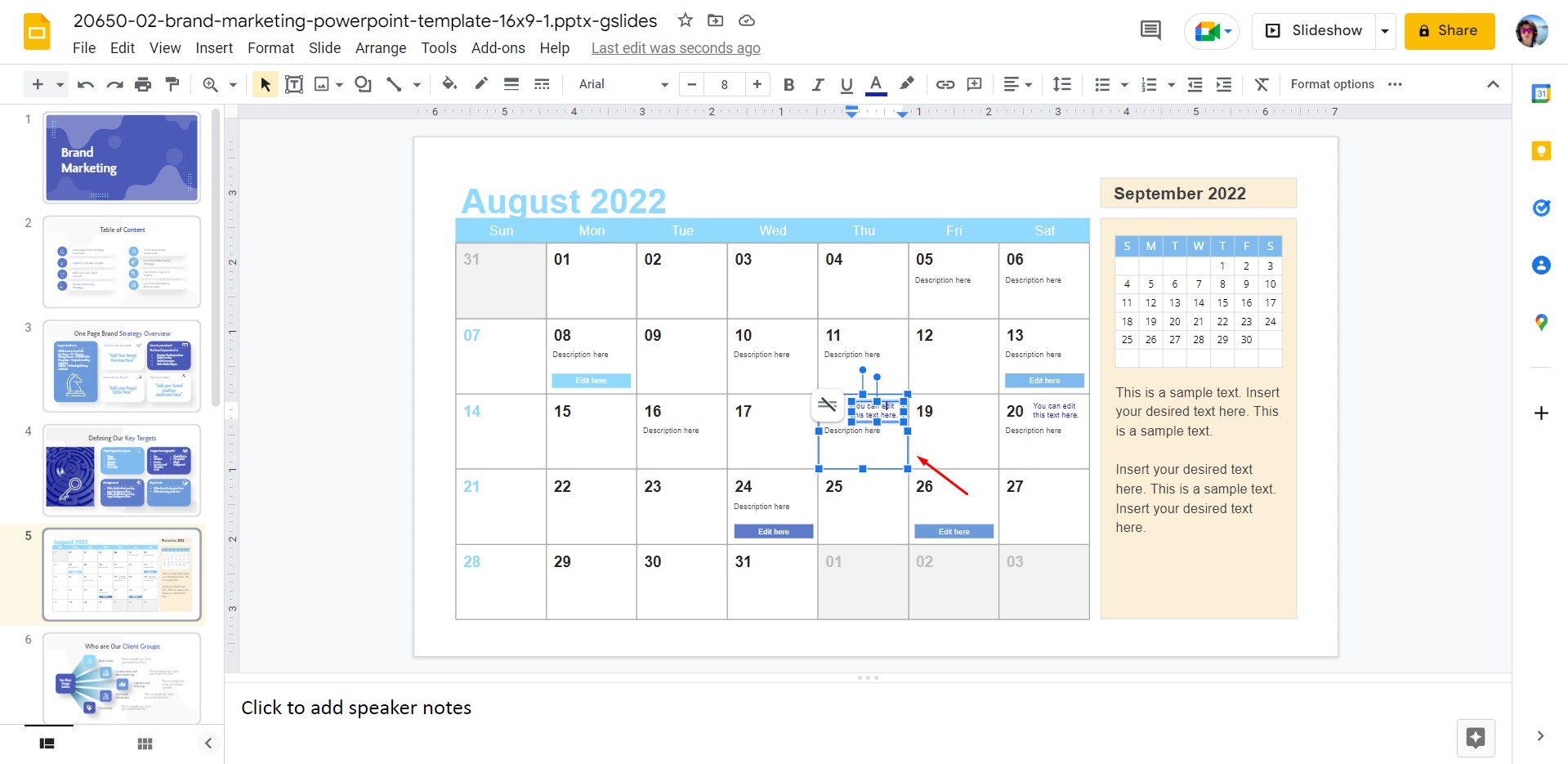 Editing an imported calendar in Google Slides