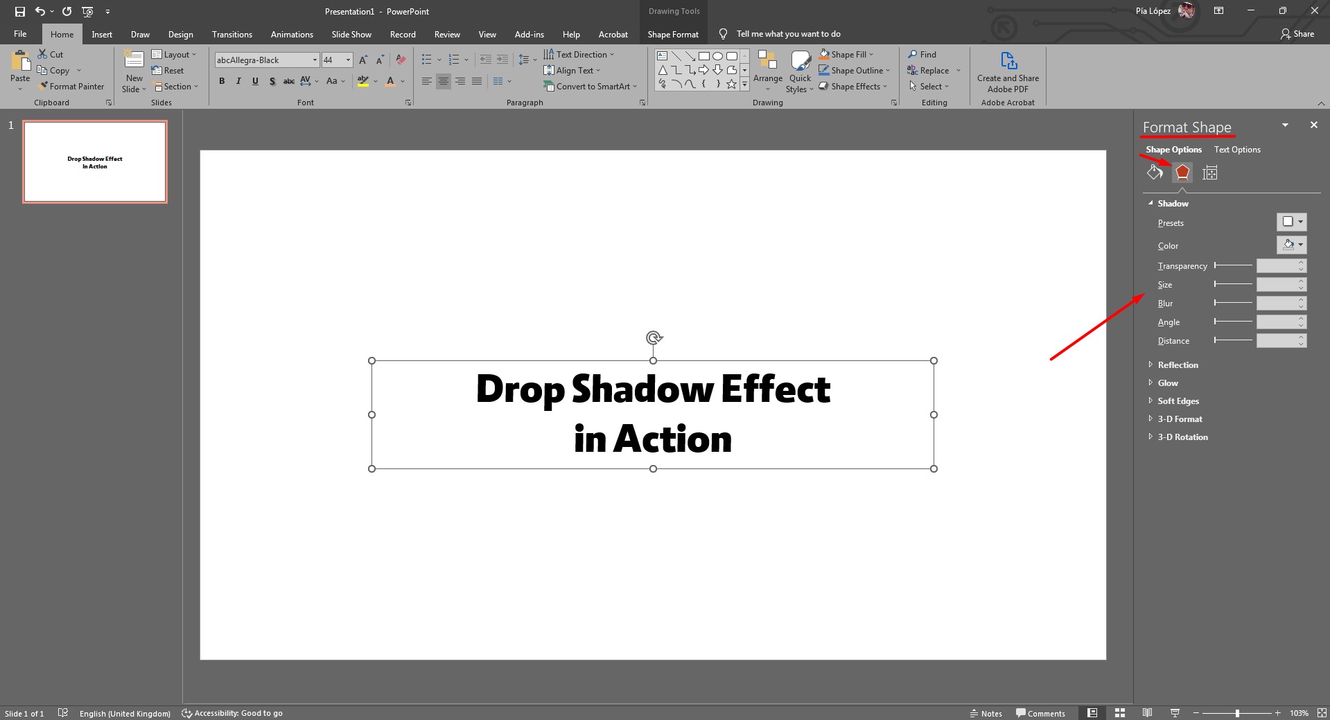 Shadow Options panel opened in PowerPoint