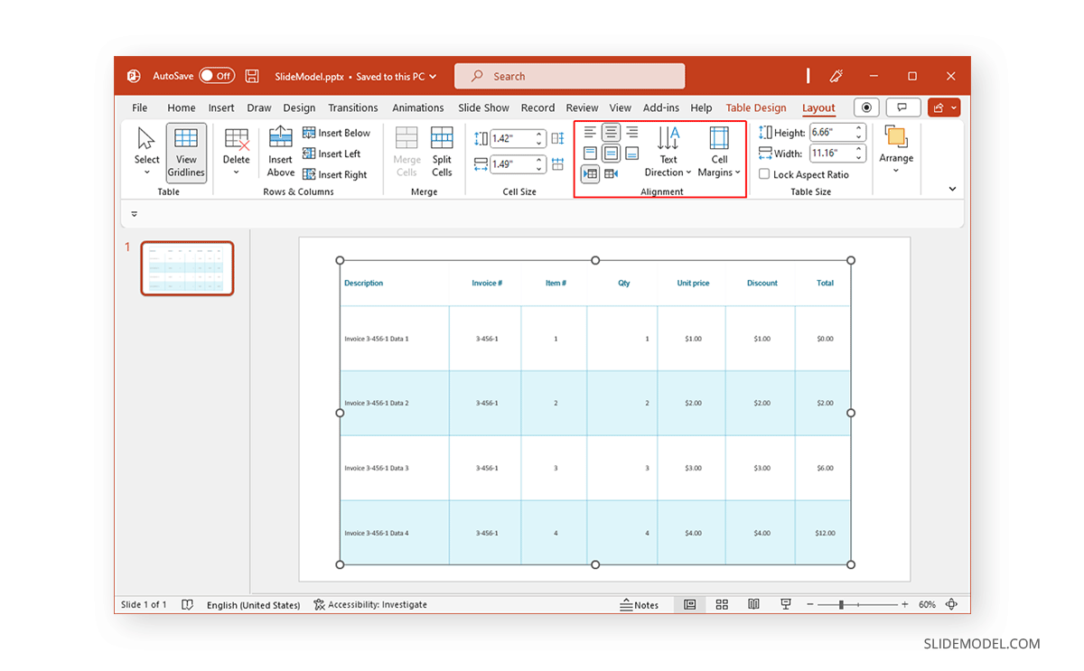 Alignment for tables in PowerPoint