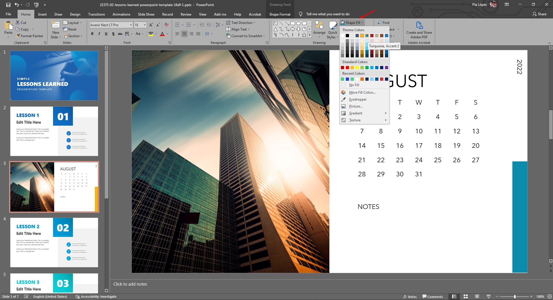 Formatting the inserted calendar in PowerPoint