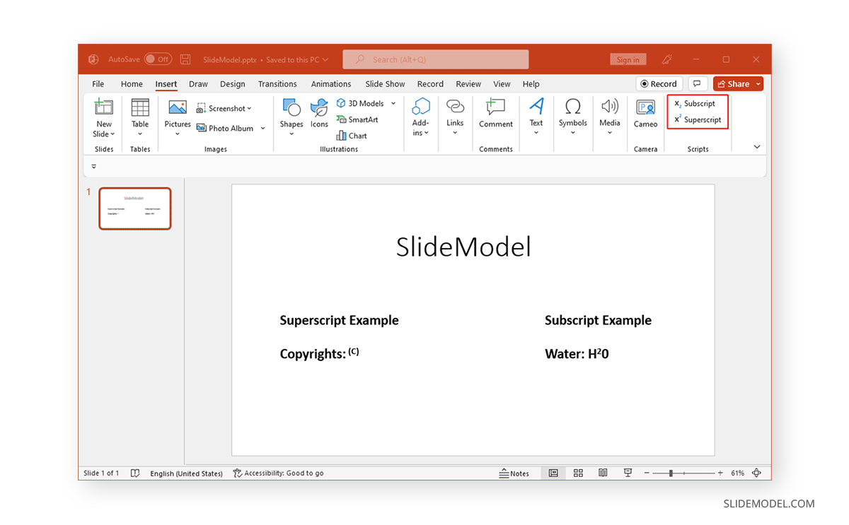 New ribbon menu showing subscript and superscript in PowerPoint