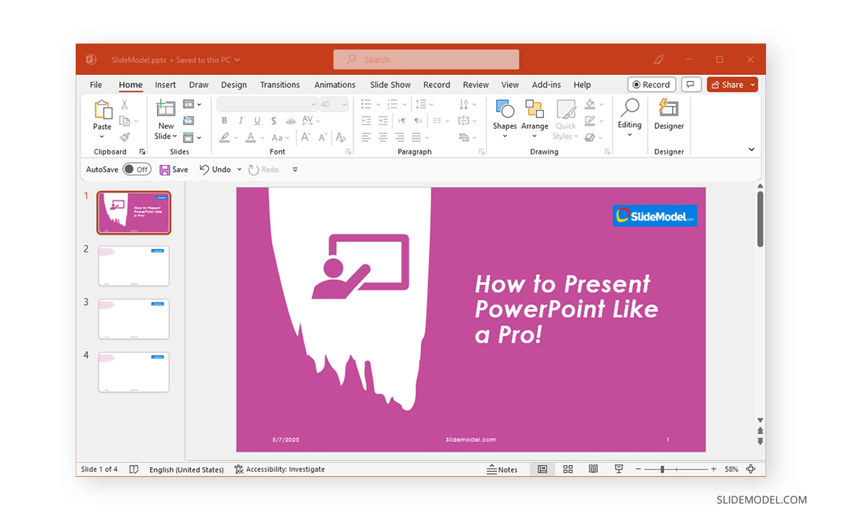 Completed presentation slide with header and footer in PowerPoint