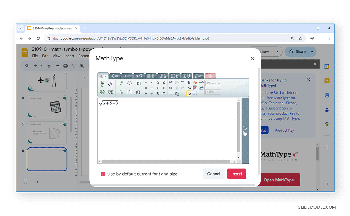 Creating an equation with MathType in Google Slides