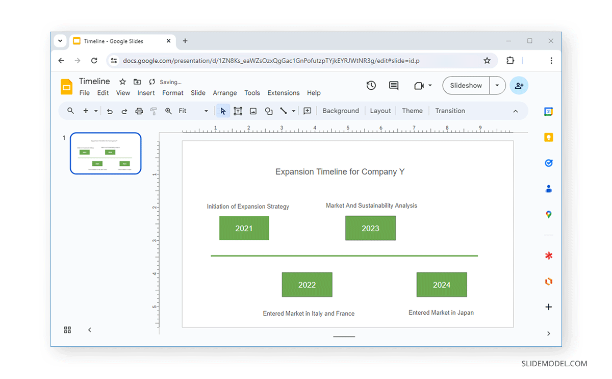 Completed custom-made timeline in Google Slides from scratch