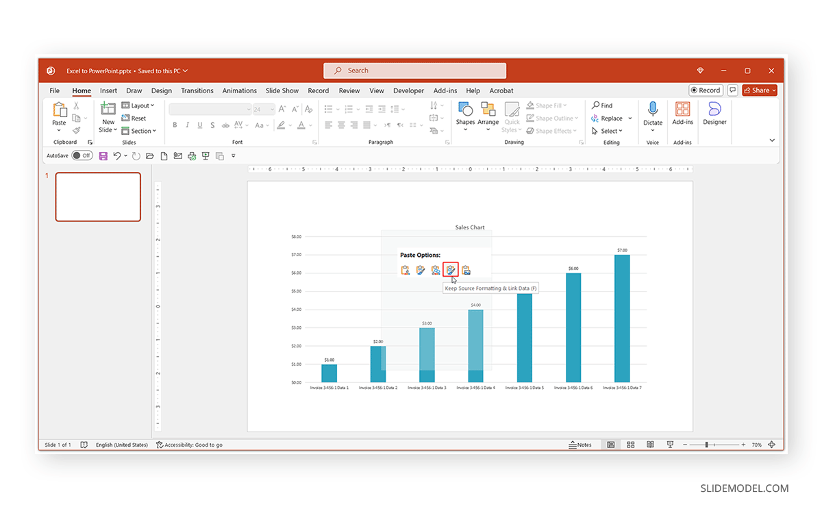 Pasting Excel chart in PowerPoint using Keep Source Formatting & Link Data