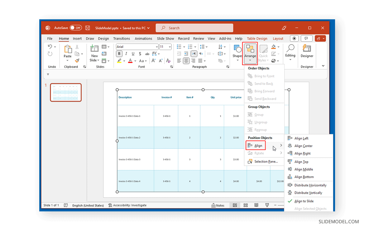 Align a PowerPoint table from the Arrange menu