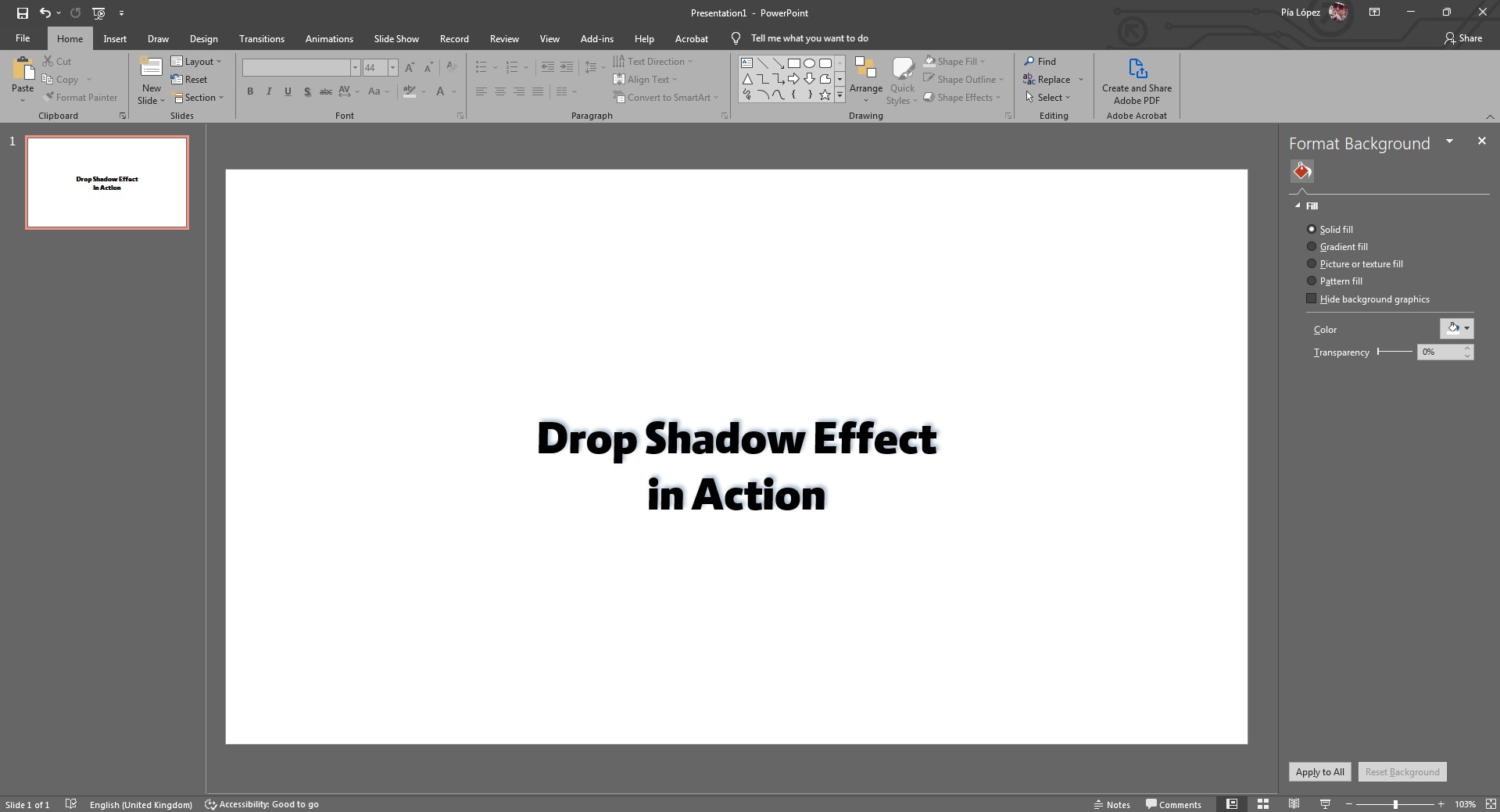 final effect for how to apply text shadow in PowerPoint (blue tinted)