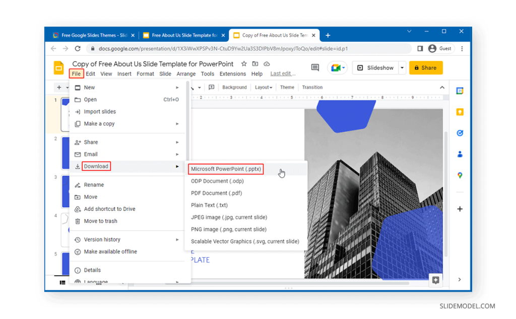 Downloading a Google Slides template in PPTX format.