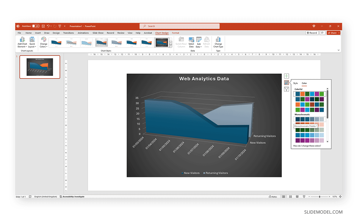 Color scheme options for graphs in PowerPoint