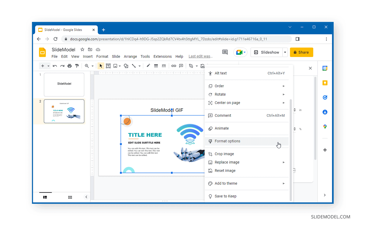 accessing format options in Google Slides