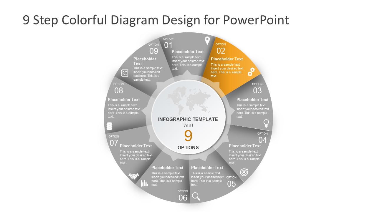 9 Step Colorful Diagram Design for PowerPoint SlideModel