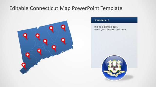 Blue Map of Connecticut with Location Markers PPT