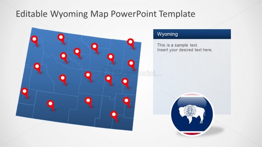 Editable Blue Map of Wyoming with Location Markers 