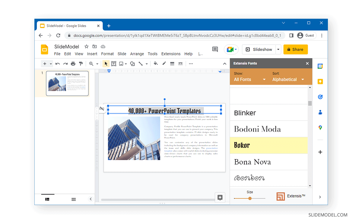 Change font in Google Slides using Extensis Font extension