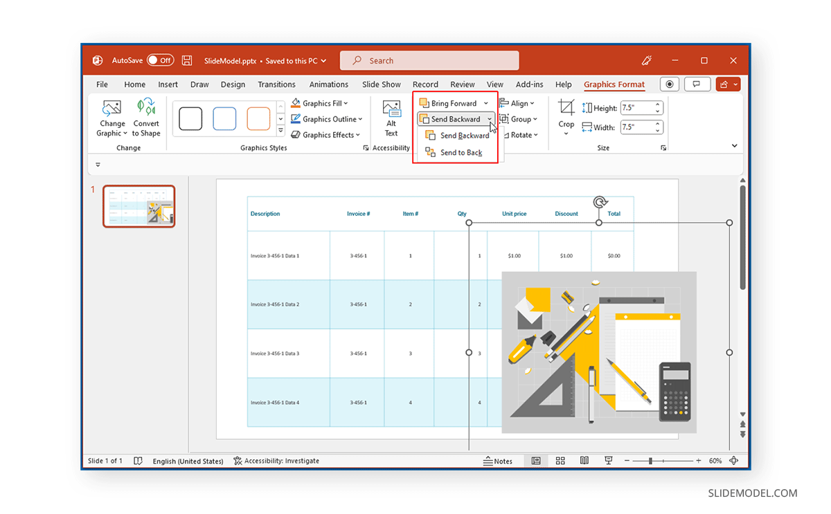 Send an element backward in a PowerPoint table