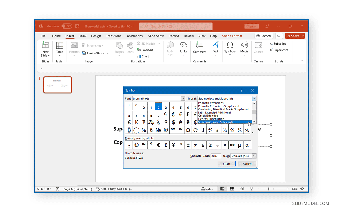 Finding subscripts and superscripts in PowerPoint's symbols