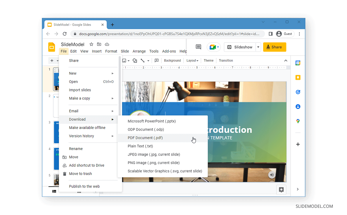 using Google Slides to save a PowerPoint presentation as PDF
