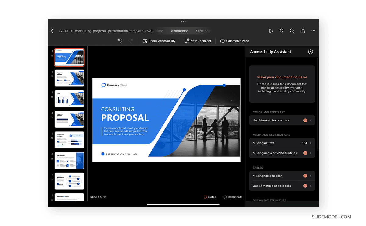 PowerPoint accessibility assistant on iPad