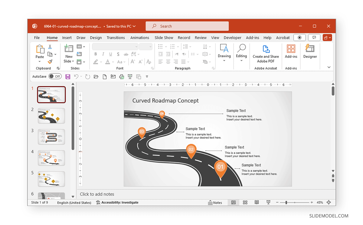 Curved presentation roadmap template by SlideModel