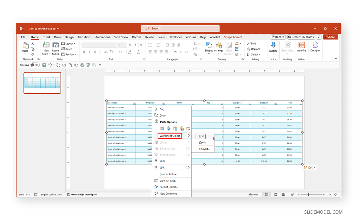 Access editing options for an Excel table from PowerPoint