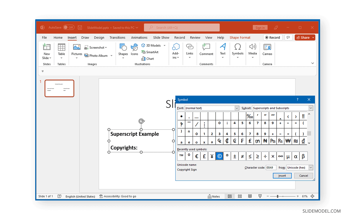 Insert superscript symbol in PowerPoint