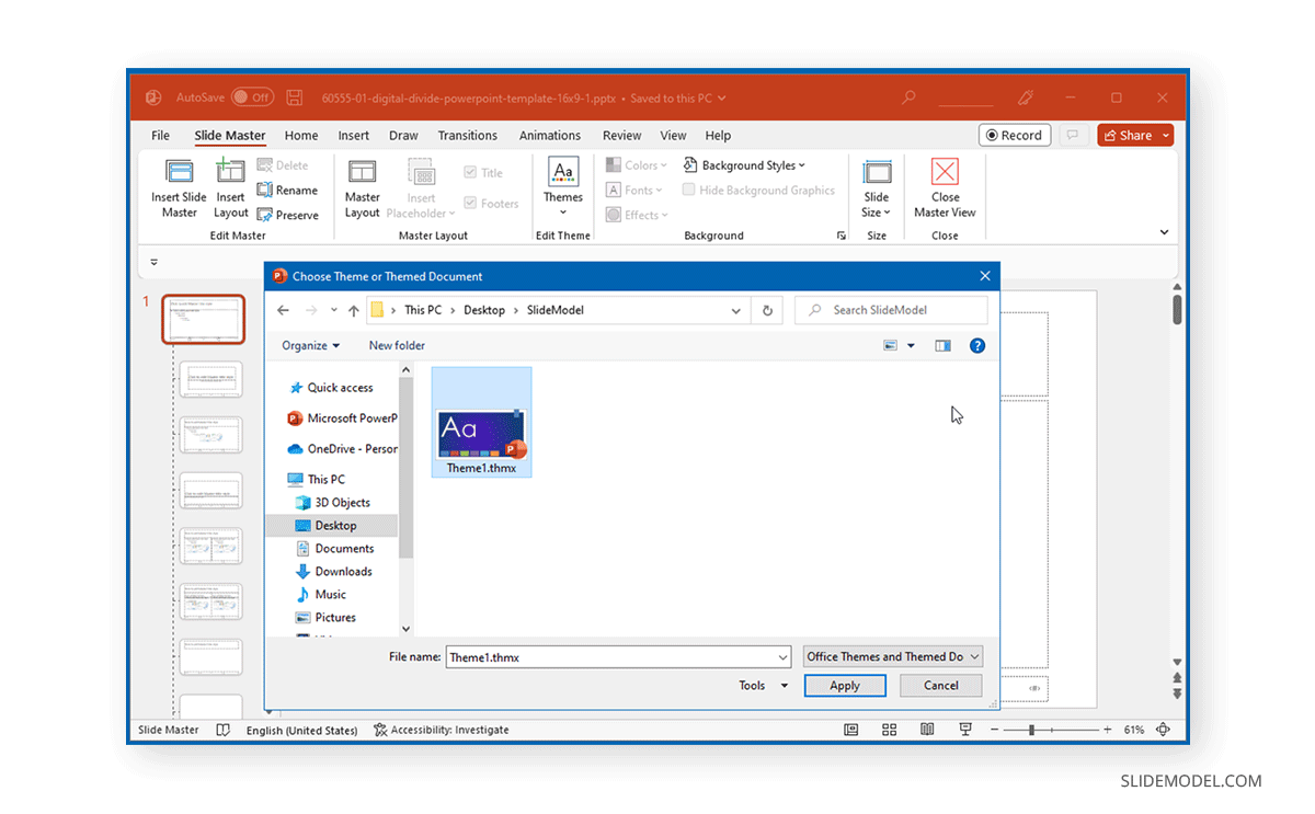 Select theme to import in PowerPoint